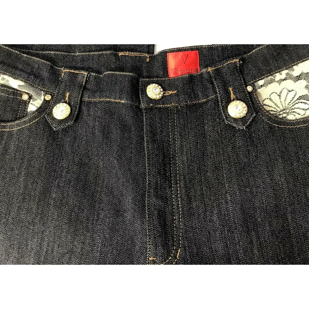 Cristina Jeans  Womens Size 14‎ Straight Dark Wash Denim Lace Rhinestone Accent